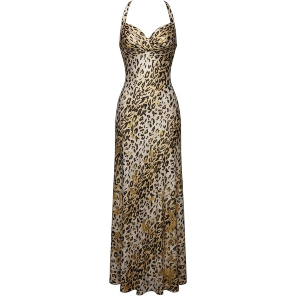 Sean Couture Leopard Gold Foil Beaded Halter Maxi Gown Dress Womens Size 6